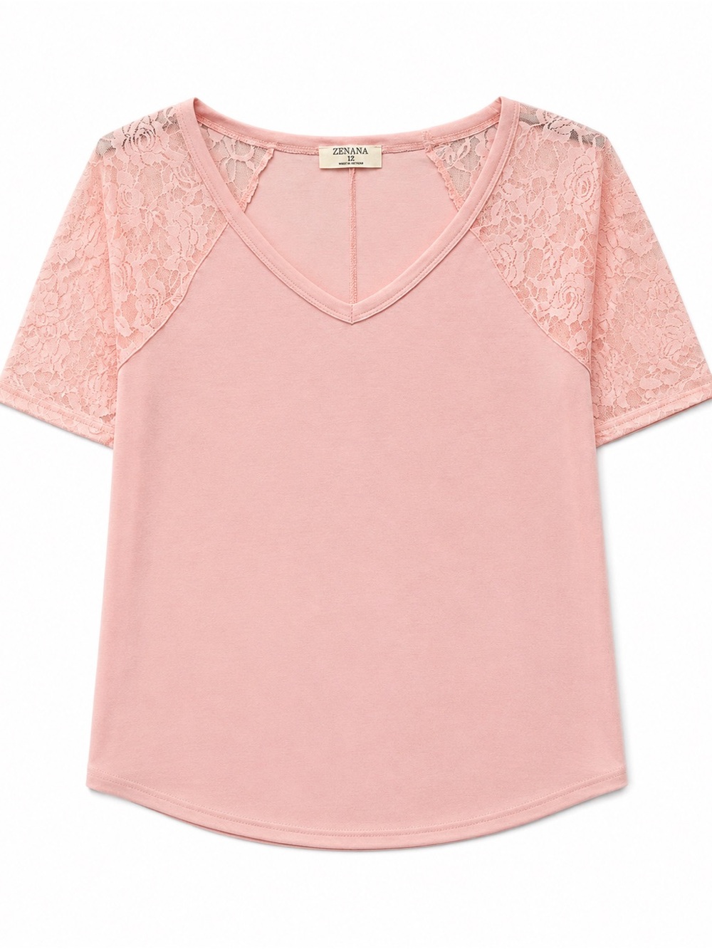 Zenana Blush Pink V-Neck Lace Raglan Sleeve Tee 1X